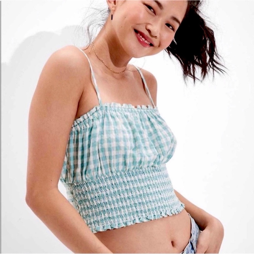 American Eagle Turquoise Gingham Cotton Linen Smocked Cami Cropped Top Sz L #17